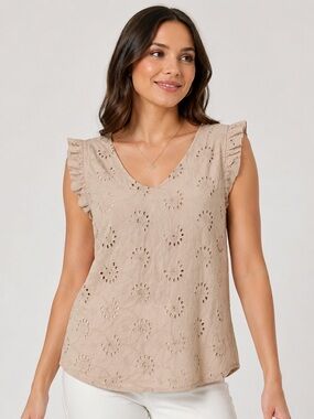 Valentina Taupe Eyelet Ruffle V-Neck Camisole